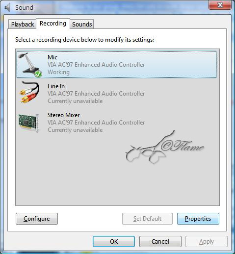 sound recording tab default
